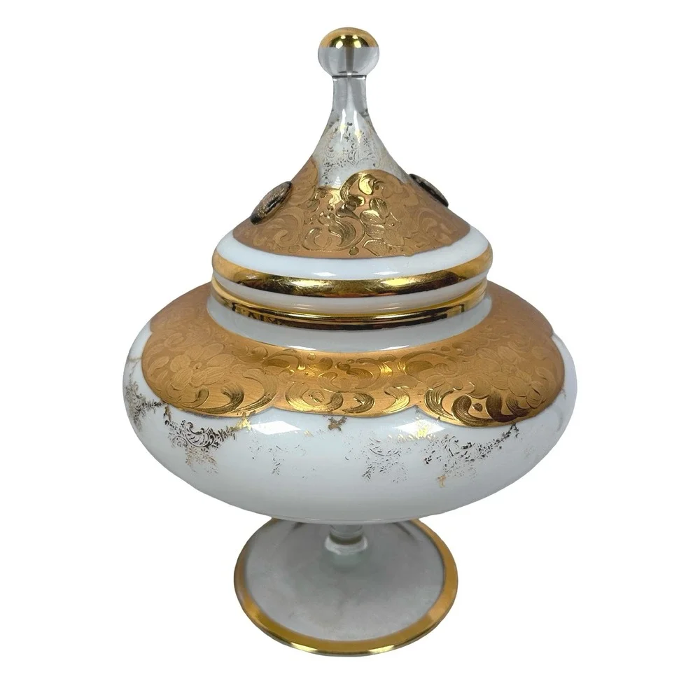 Vintage‎ Empoli Circus Tent Italy White Milk Glass Gold Encrusted Candy Dish Lid